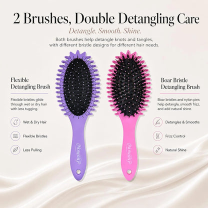 2 Pack Detangling Hair Brush Set with Boar Bristle Brush & 2 Cleaning Brushes, Wet & Dry Hair Brushes for Curly, Wavy, Thick Hair, Gentle No-Pull Detangler for Women, Kid (Pink+Purple)