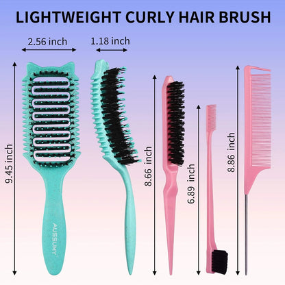 2 Pack Curly Defining & Detangling Brush - With Boar Bristle & 3 Styling Comb Tools – Shine to Shape & Define Natural Curl Waves & Coils - Vented Anti-Frizz Wet or Dry Hair for Women Men Kids