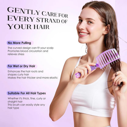 Boar Bristle Hair Brush Curved Vented Detangler Brush Faster Blow Drying, Paddle Detangling Brush for Women Men Kids Wet Dry Long Curly Thick Straight Hair, Make Hair Shiny and Healthier(Purple+Green)