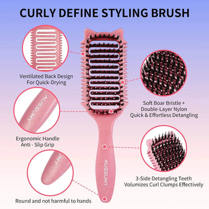 2 Pack Curly Defining & Detangling Brush - With Boar Bristle & 3 Styling Comb Tools – Shine to Shape & Define Natural Curl Waves & Coils - Vented Anti-Frizz Wet or Dry Hair for Women Men Kids