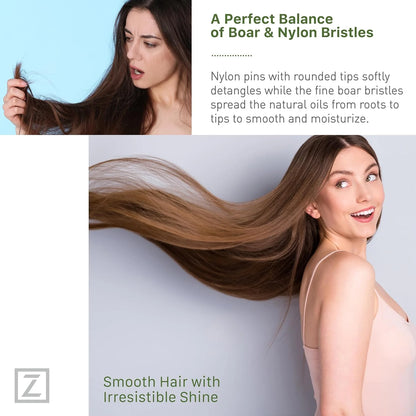 Natural Boar Bristle Hair Brush for Women, Men, Kids; Dry and Wet Detangling Hair Brush Gently Enhances Shine, Smooths Frizz and Prevents Breakage in Fine and Straight, Thick and Curly Hair (oval)