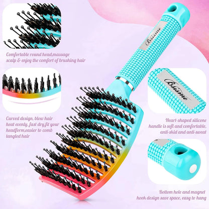 Boar Bristle Hair Brush Curved Vented Detangler Brush Faster Blow Drying, Paddle Detangling Brush for Women Men Kids Wet Dry Long Curly Thick Straight Hair, Make Hair Shiny and Healthier(Purple+Green)