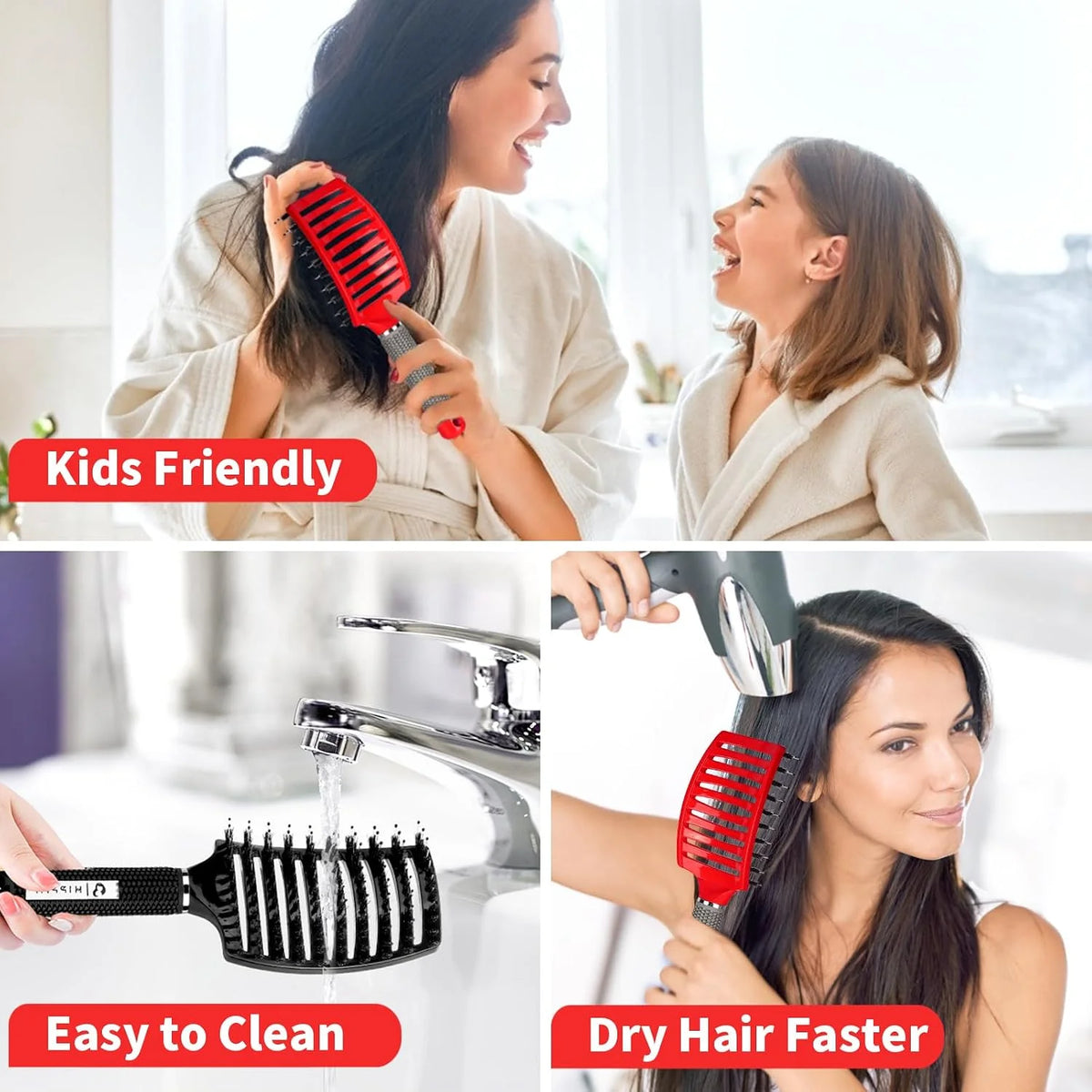 HIPPIH Boar Bristle Hair Brush Set of 2, Detangling Smoothing for Wet & Dry