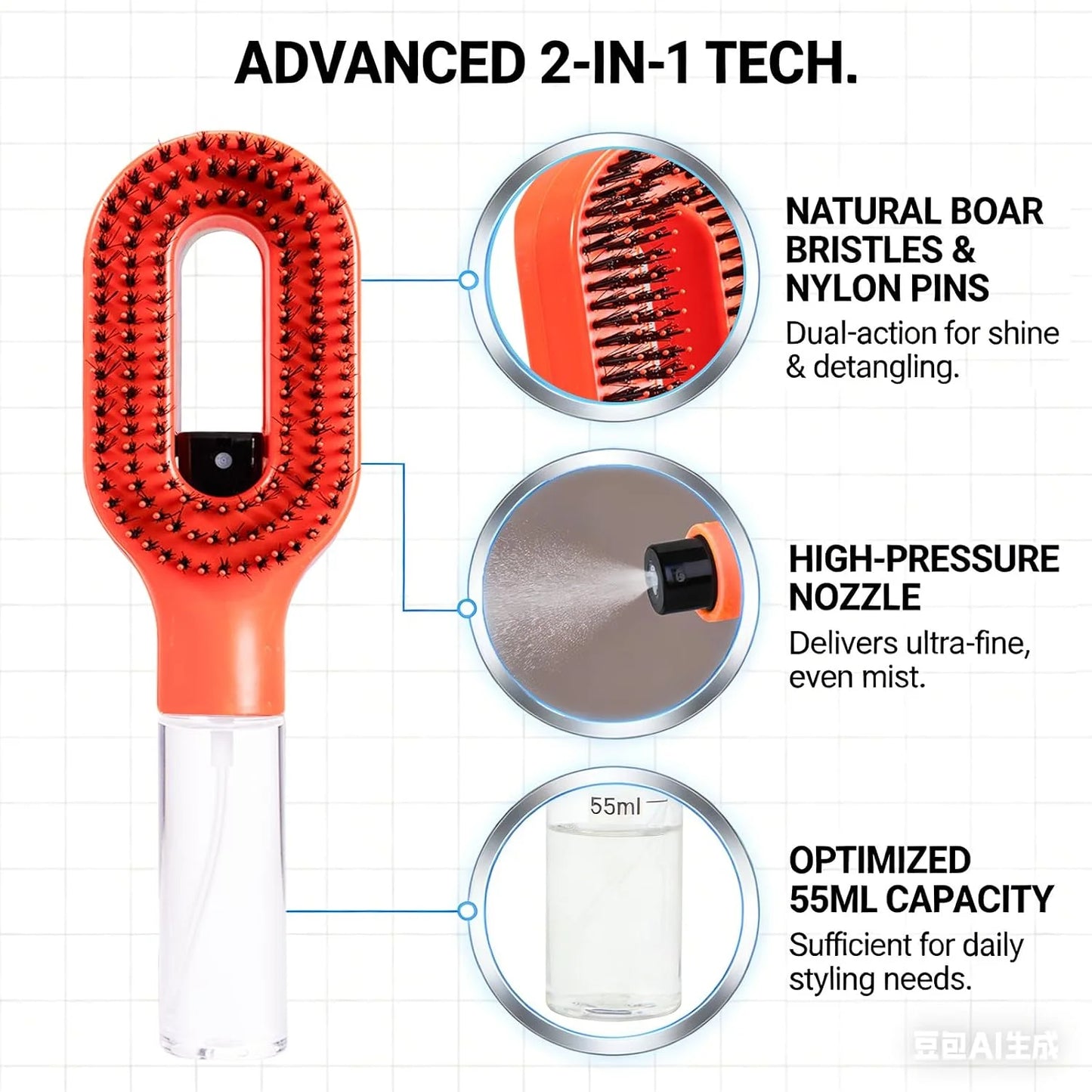Hair Brush with Water Spray - 2-in-1 Detangler Brush for Frizz Control