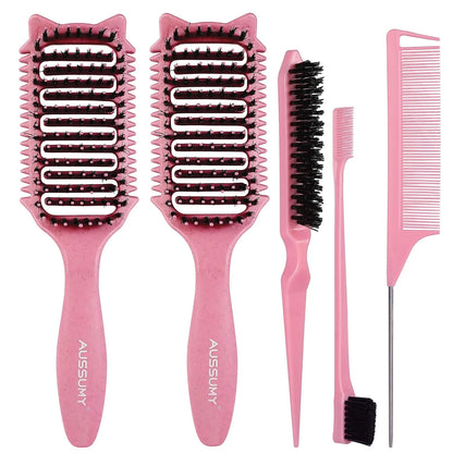 2 Pack Curly Defining & Detangling Brush - With Boar Bristle & 3 Styling Comb Tools – Shine to Shape & Define Natural Curl Waves & Coils - Vented Anti-Frizz Wet or Dry Hair for Women Men Kids