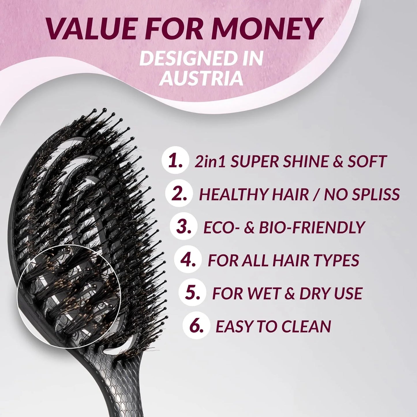 marQus Detangle Boar Brush Women and Men, Exclusive Ultra-soft bending Bristles and Body - Glide Through Tangles With Ease For All Hair Types - Women, Men, Wet And Dry Hair, 1pcs Brown Brush