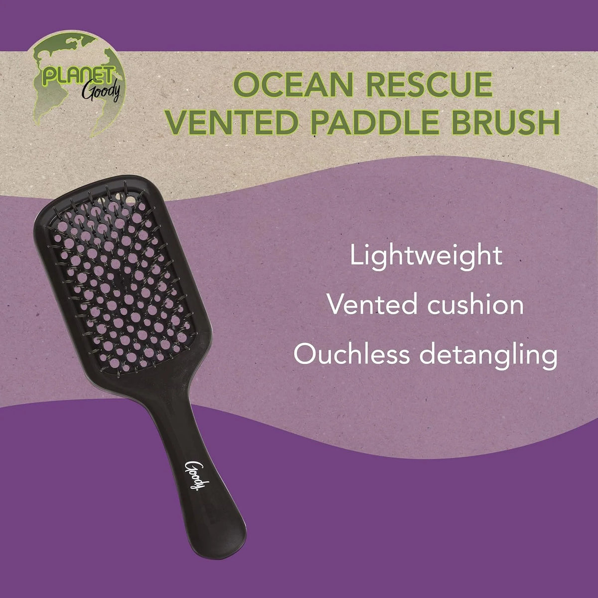 Planet Goody Ocean Rescue Vented Paddle Brush - Teal, Ouchless Detangler with Flexible Bristles, Helps Accelerate Drying, Use as a Detangling or Styling Brush, All Hair Types