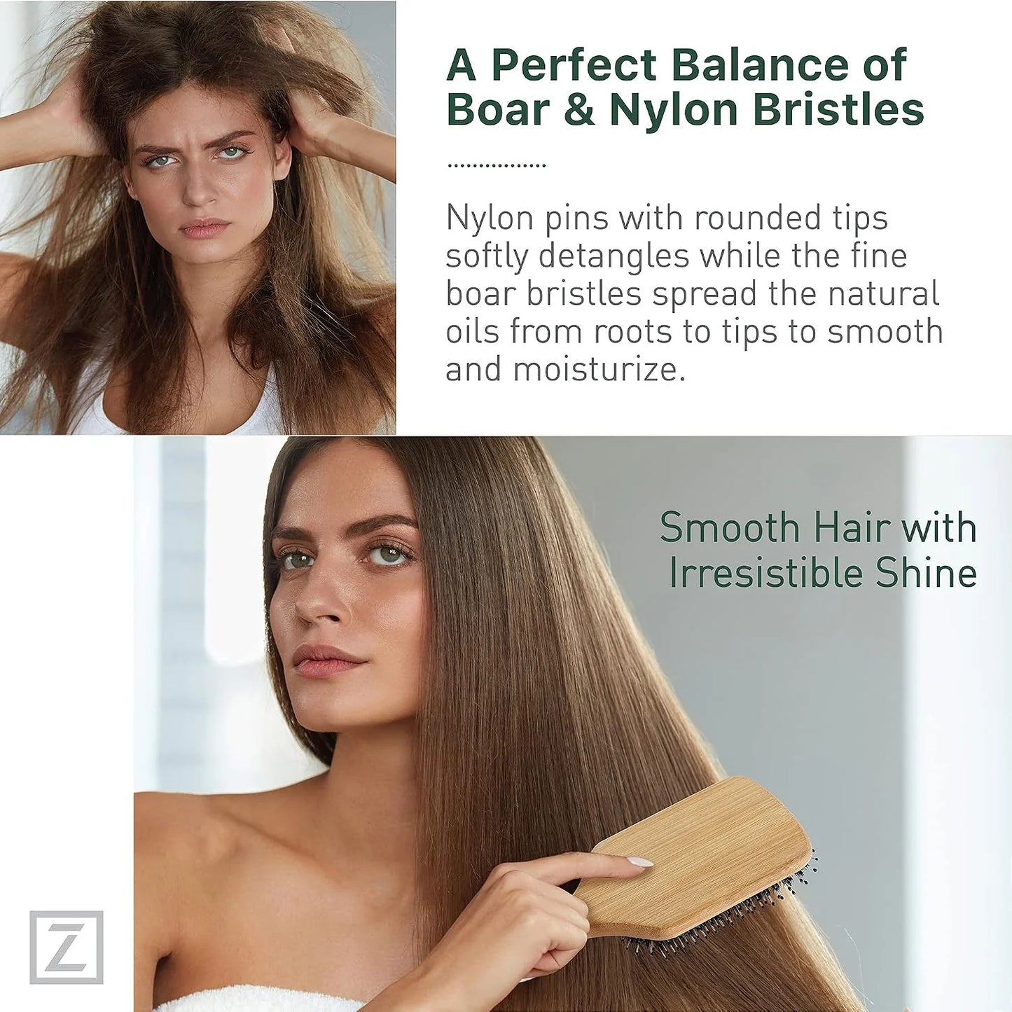 Natural Boar Bristle Hair Brush for Women, Men, Kids; Dry and Wet Detangling Hair Brush Gently Enhances Shine, Smooths Frizz and Prevents Breakage in Fine and Straight, Thick and Curly Hair (paddle)