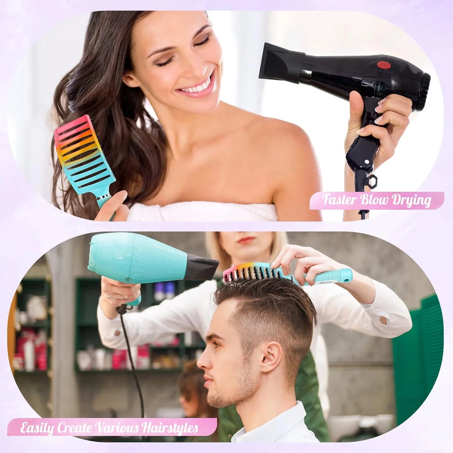 Boar Bristle Hair Brush Curved Vented Detangler Brush Faster Blow Drying, Paddle Detangling Brush for Women Men Kids Wet Dry Long Curly Thick Straight Hair, Make Hair Shiny and Healthier(Purple+Green)