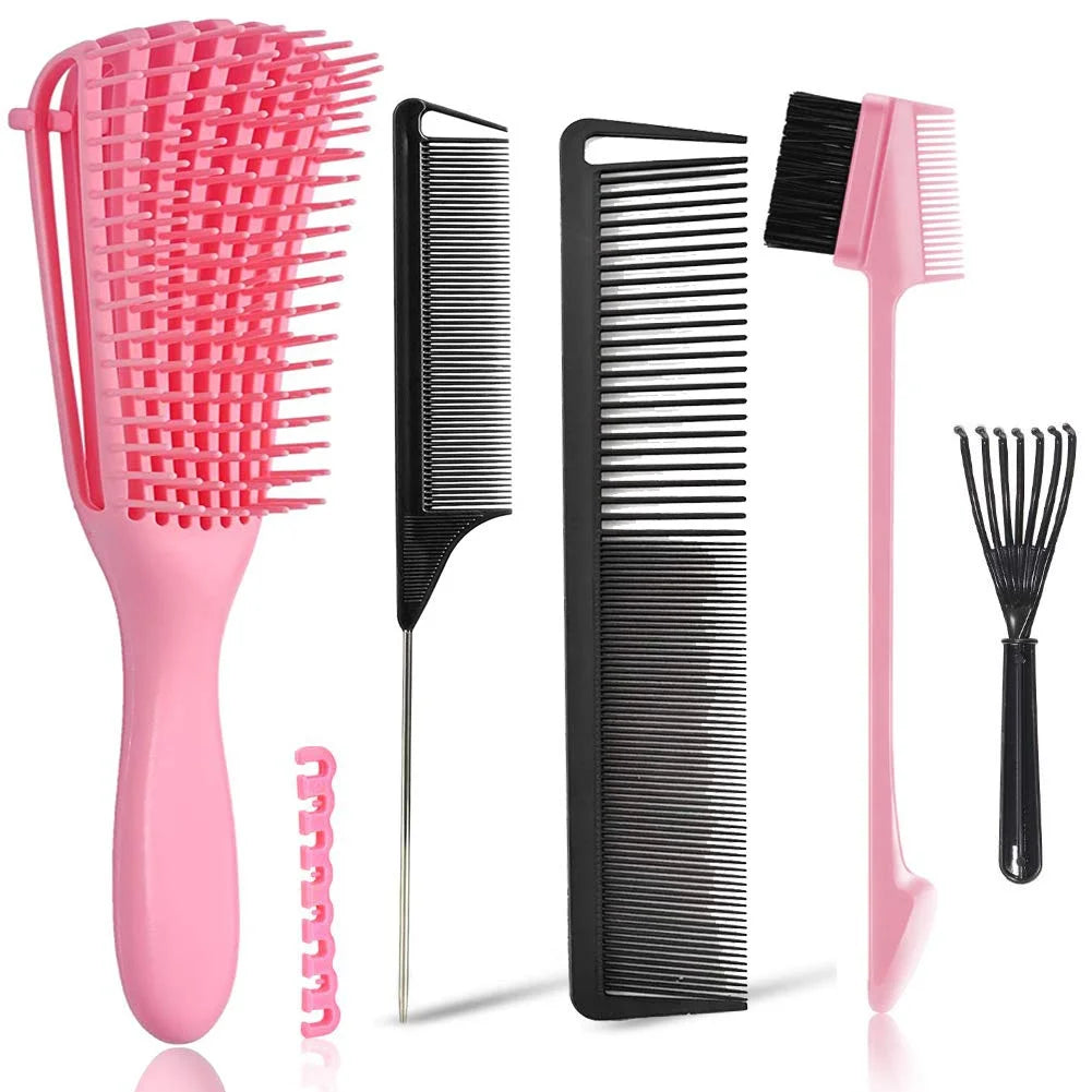 5 Pcs Detangling Hair Brush Set, Ez Detangler Brush With Edge Brush, Rat Tail Combs for Black Natural Hair Styling and Cuting, Curly/Straight/Wet/Dry/long/Short Hair Available for Women Kids Men