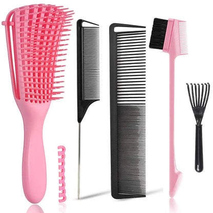 5 Pcs Detangling Hair Brush Set, Ez Detangler Brush With Edge Brush, Rat Tail Combs for Black Natural Hair Styling and Cuting, Curly/Straight/Wet/Dry/long/Short Hair Available for Women Kids Men