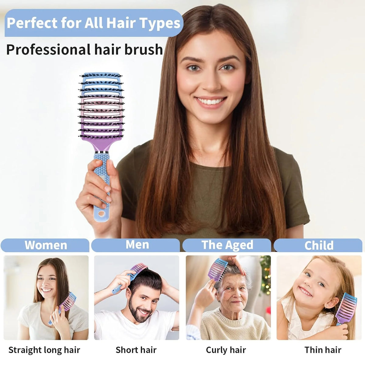 HIPPIH Boar Bristle Hair Brush Set of 2, Detangling Smoothing for Wet & Dry