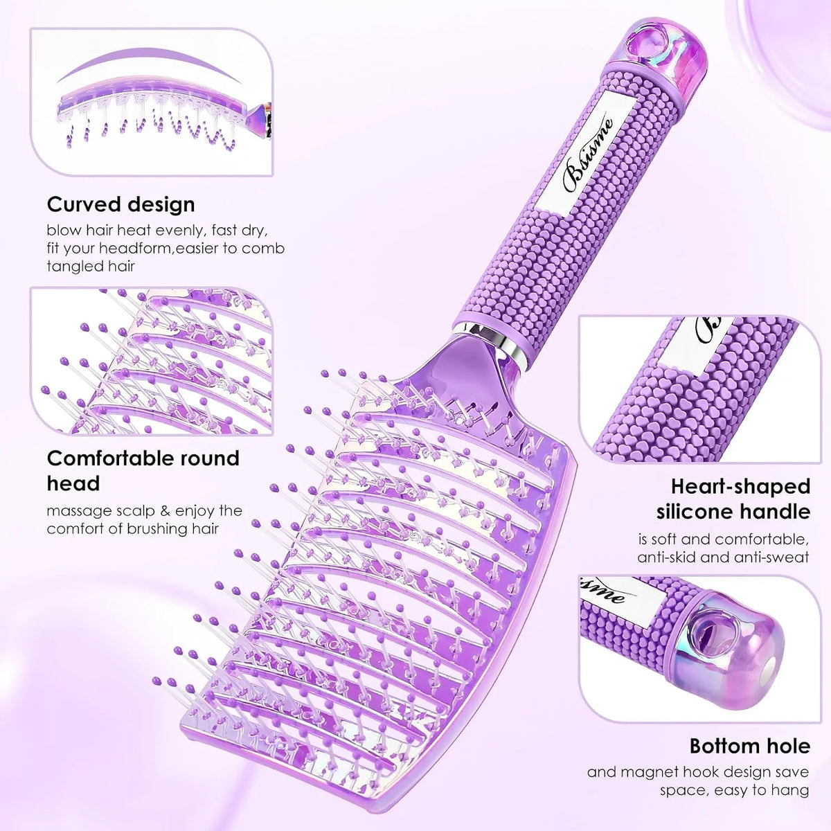 Boar Bristle Hair Brush Curved Vented Detangler Brush Faster Blow Drying, Paddle Detangling Brush for Women Men Kids Wet Dry Long Curly Thick Straight Hair, Make Hair Shiny and Healthier(Purple+Green)