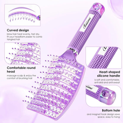 Boar Bristle Hair Brush Curved Vented Detangler Brush Faster Blow Drying, Paddle Detangling Brush for Women Men Kids Wet Dry Long Curly Thick Straight Hair, Make Hair Shiny and Healthier(Purple+Green)