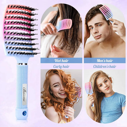 Boar Bristle Hair Brush Curved Vented Detangler Brush Faster Blow Drying, Paddle Detangling Brush for Women Men Kids Wet Dry Long Curly Thick Straight Hair, Make Hair Shiny and Healthier(Purple+Green)
