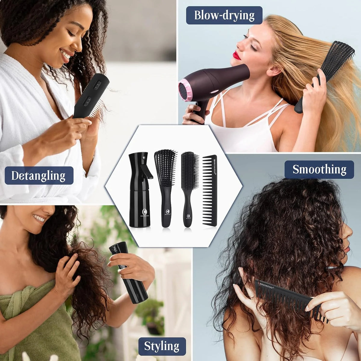 BRUSHZOO Detangling Brush with Hair Spray Bottle, Wide Tooth Comb for Women, Men, and Kids - 9 Row Brush with Detangler for Natural 3/4abc Curly Hair