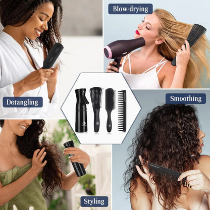 BRUSHZOO Detangling Brush with Hair Spray Bottle, Wide Tooth Comb for Women, Men, and Kids - 9 Row Brush with Detangler for Natural 3/4abc Curly Hair