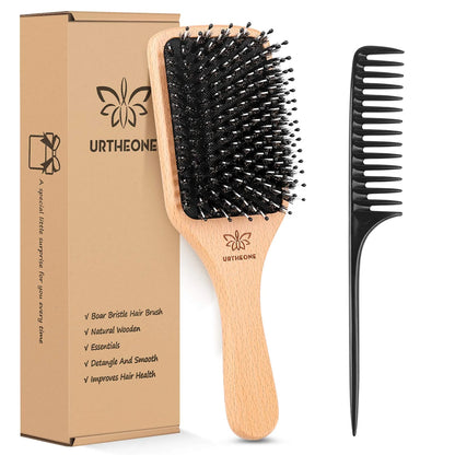 URTHEONE Hair Brush,Boar Bristle Hair Brushes and Styling Comb Set for Women Men Kids, Best Natural Wooden Paddle Hairbrush for Wet or Dry Hair Detangling Smoothing Massaging