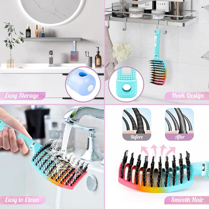 Boar Bristle Hair Brush Curved Vented Detangler Brush Faster Blow Drying, Paddle Detangling Brush for Women Men Kids Wet Dry Long Curly Thick Straight Hair, Make Hair Shiny and Healthier(Purple+Green)