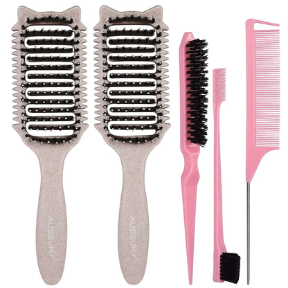 2 Pack Curly Defining & Detangling Brush - With Boar Bristle & 3 Styling Comb Tools – Shine to Shape & Define Natural Curl Waves & Coils - Vented Anti-Frizz Wet or Dry Hair for Women Men Kids