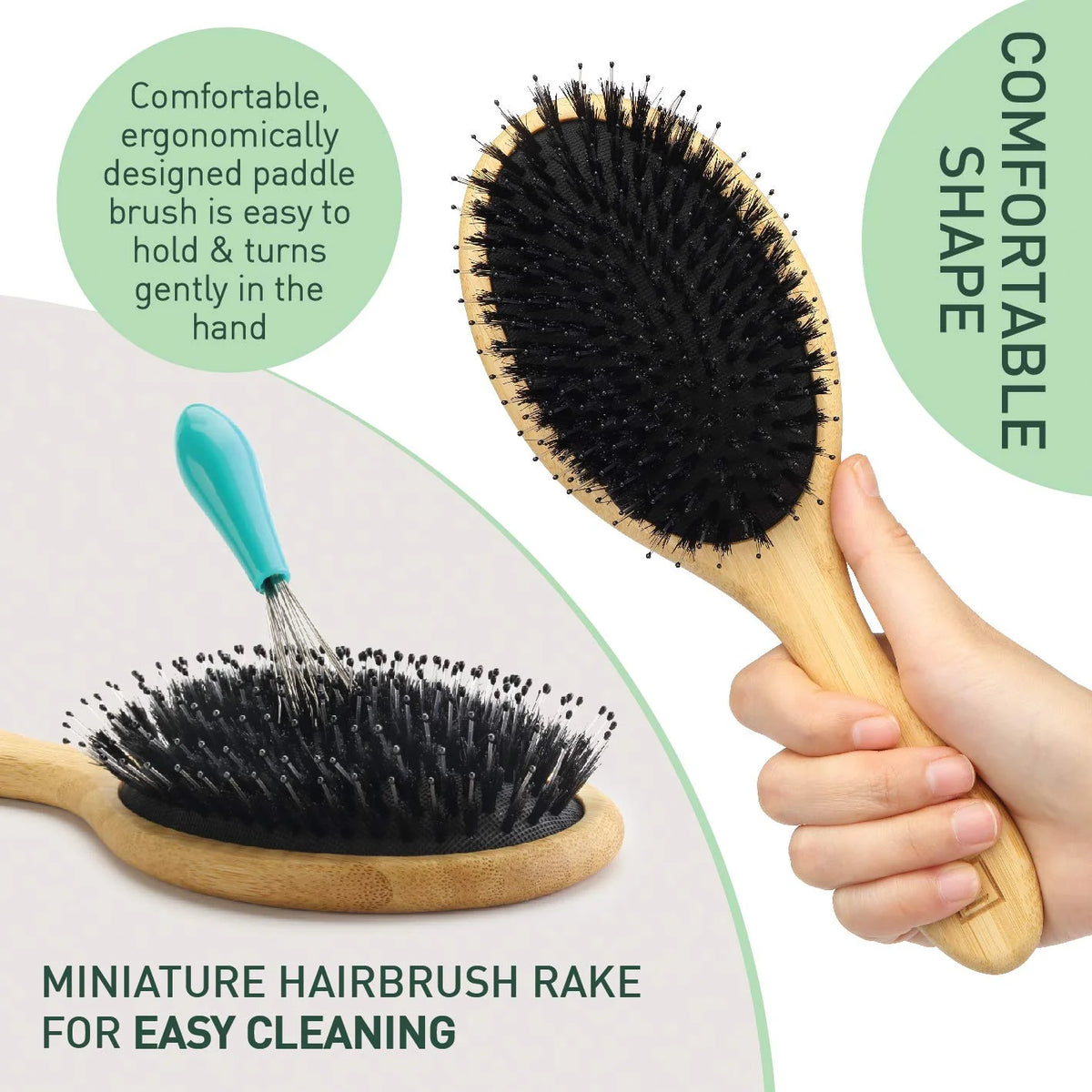Natural Boar Bristle Hair Brush for Women, Men, Kids; Dry and Wet Detangling Hair Brush Gently Enhances Shine, Smooths Frizz and Prevents Breakage in Fine and Straight, Thick and Curly Hair (paddle)