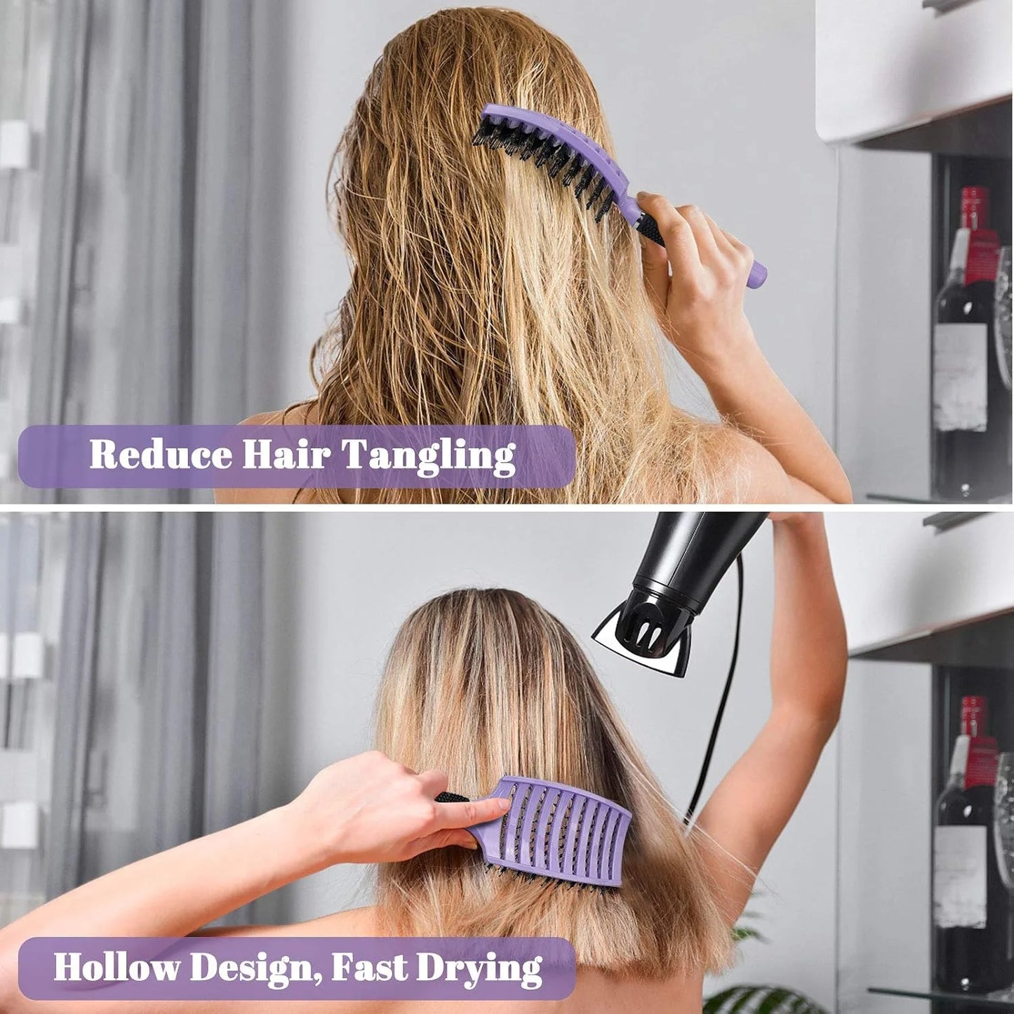 HIPPIH Boar Bristle Hair Brush Set of 2, Detangling Smoothing for Wet & Dry