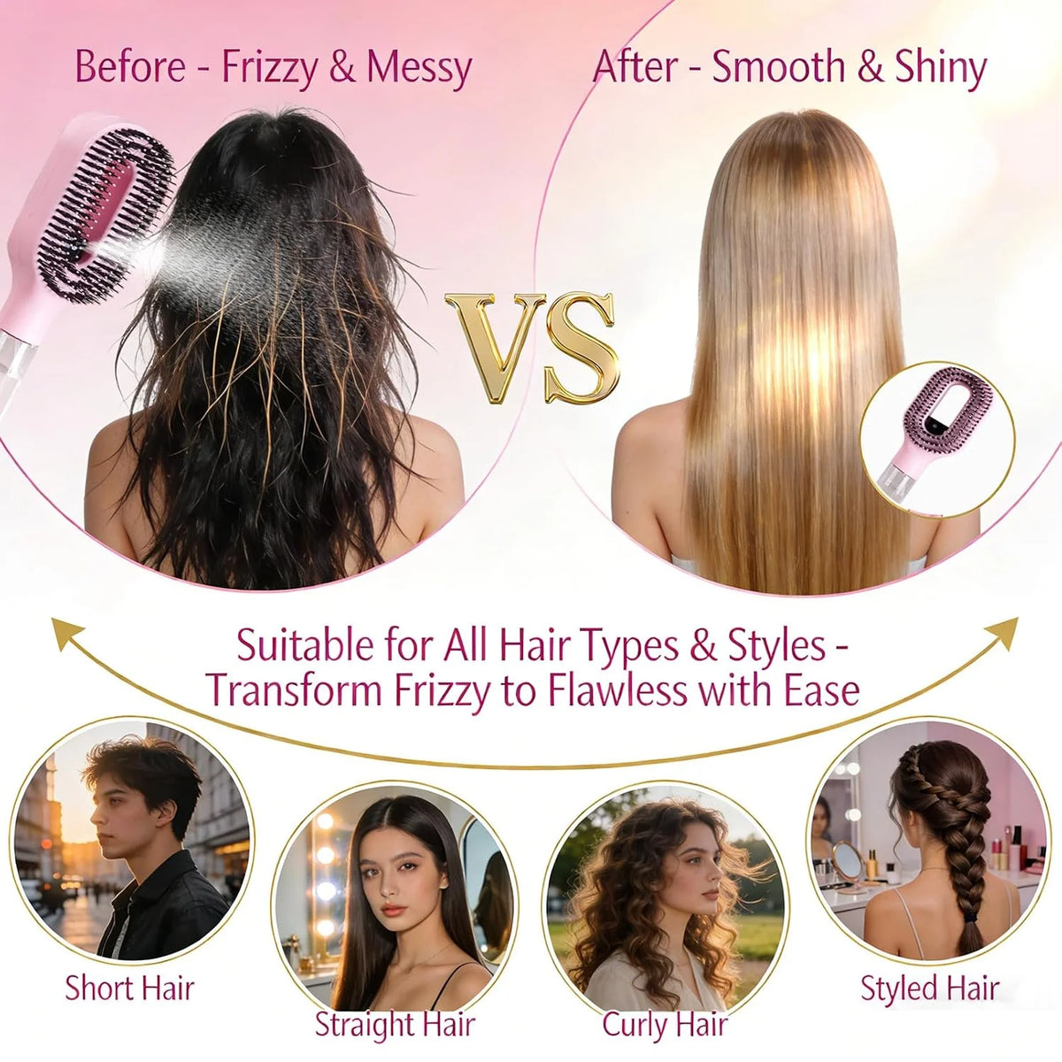 Hair Brush with Water Spray - 2-in-1 Detangler Brush for Frizz Control