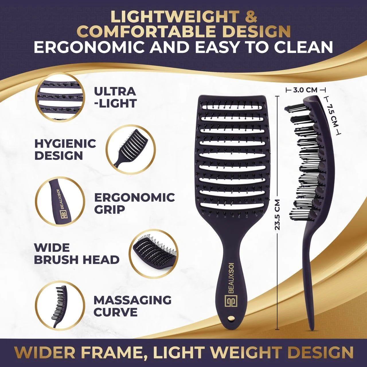 BEAUXSOI Vented Detangling Brush for Wet or Dry, Thick, Coily, and Curly Hair | Curved Vent Brush for Blow Drying