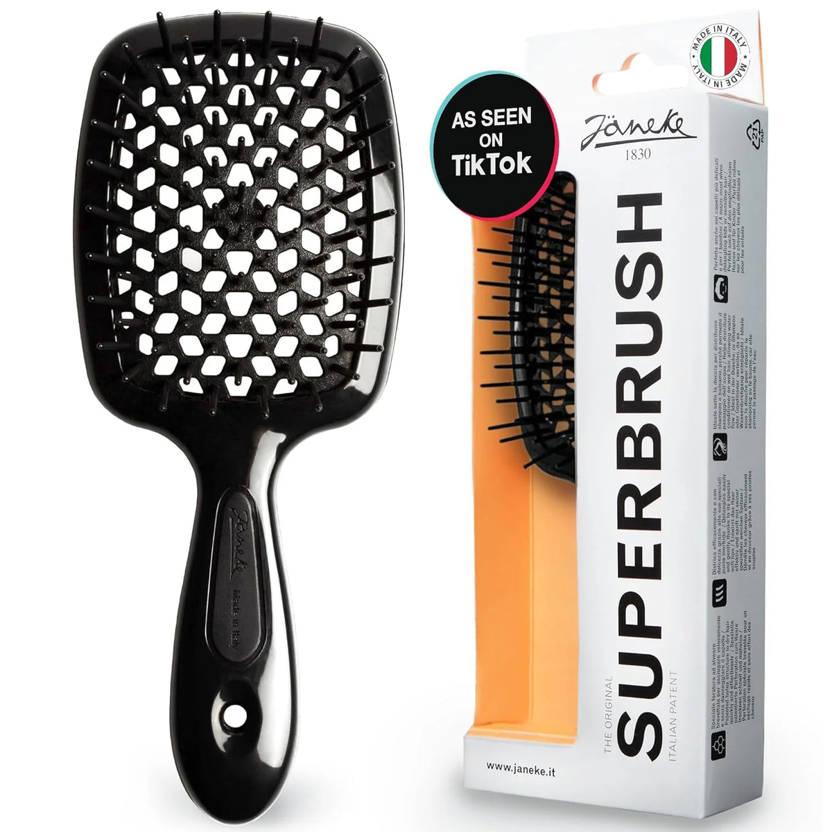 Janeke J-Brush Detangling Comb for Curly and Wavy Hair – Wide Tooth J-Shape Brush for Wet and Dry Use – Anti-Frizz, Lightweight and Gentle on Scalp – Made in Italy Professional Styling Tool (Black)
