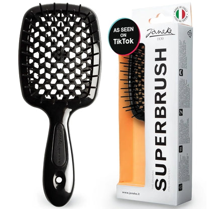 Janeke J-Brush Detangling Comb for Curly and Wavy Hair – Wide Tooth J-Shape Brush for Wet and Dry Use – Anti-Frizz, Lightweight and Gentle on Scalp – Made in Italy Professional Styling Tool (Black)