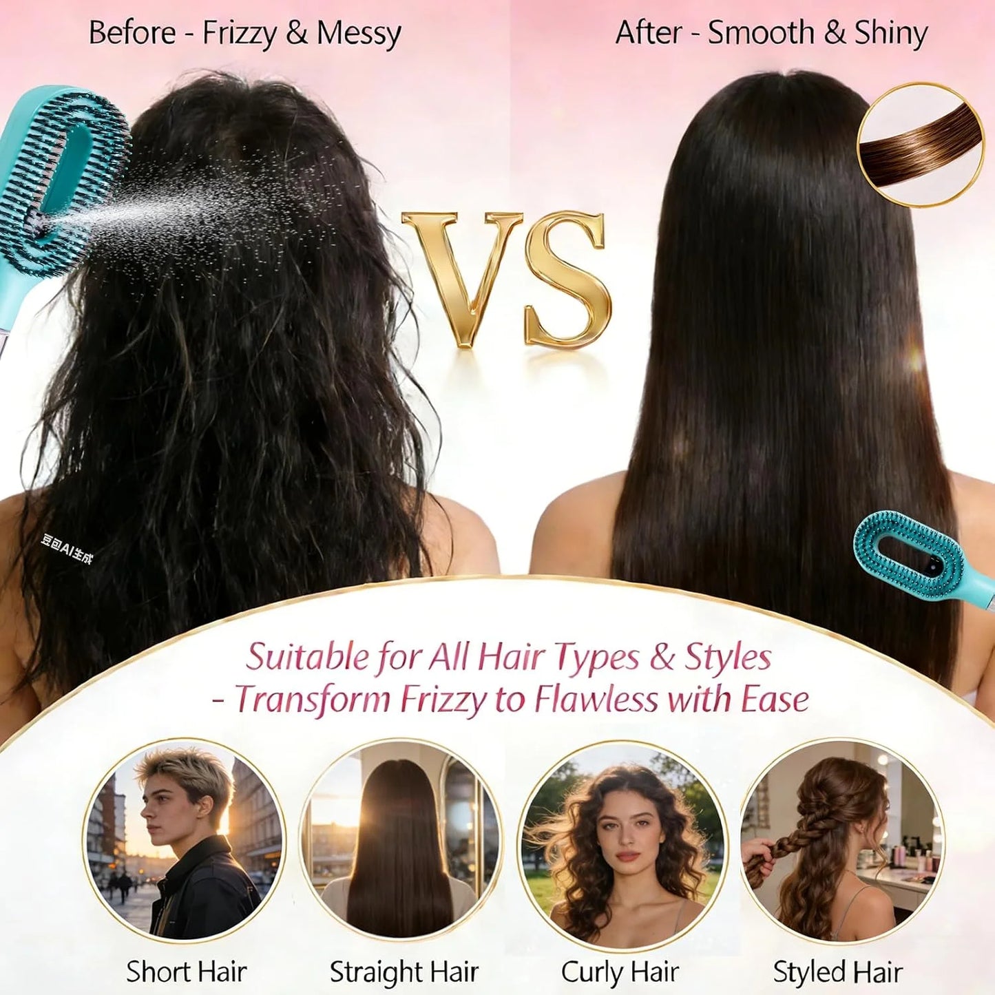 Hair Brush with Water Spray - 2-in-1 Detangler Brush for Frizz Control