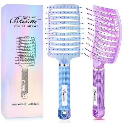 Boar Bristle Hair Brush Curved Vented Detangler Brush Faster Blow Drying, Paddle Detangling Brush for Women Men Kids Wet Dry Long Curly Thick Straight Hair, Make Hair Shiny and Healthier(Purple+Green)