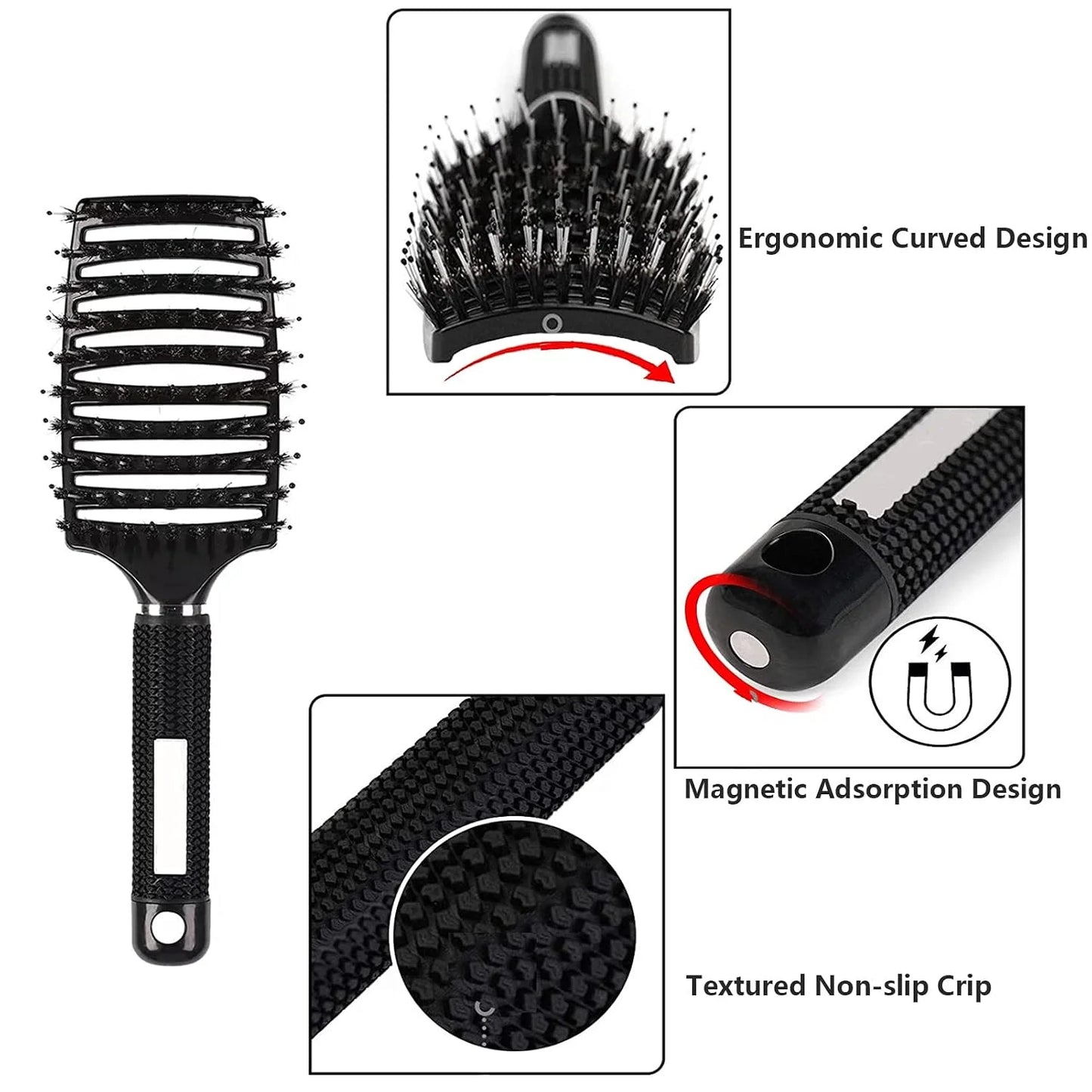 2 PACK Boar Bristle Hair Brush No Pull Curved Vented Hair Brushes Detangler Brush Fast Blow Drying Hair Brush for Kids Men Women Wet Dry Long Thin Thick Curly Tangled Hair (pink+green)