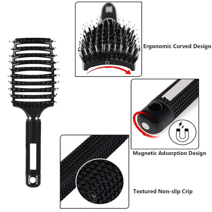 2 PACK Boar Bristle Hair Brush No Pull Curved Vented Hair Brushes Detangler Brush Fast Blow Drying Hair Brush for Kids Men Women Wet Dry Long Thin Thick Curly Tangled Hair (pink+green)