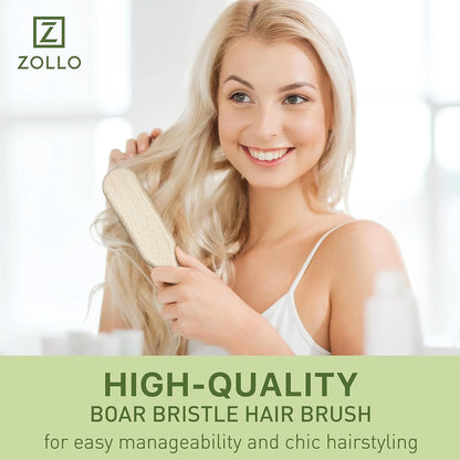 Natural Boar Bristle Hair Brush for Women, Men, Kids; Dry and Wet Detangling Hair Brush Gently Enhances Shine, Smooths Frizz and Prevents Breakage in Fine and Straight, Thick and Curly Hair (oval)
