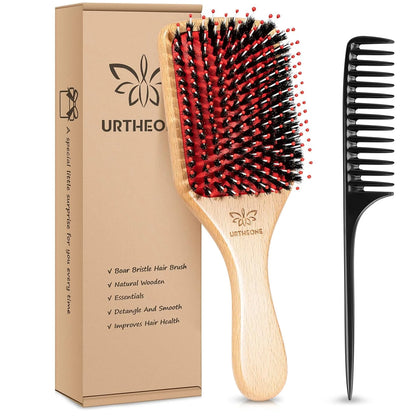 URTHEONE Hair Brush,Boar Bristle Hair Brushes and Styling Comb Set for Women Men Kids, Best Natural Wooden Paddle Hairbrush for Wet or Dry Hair Detangling Smoothing Massaging