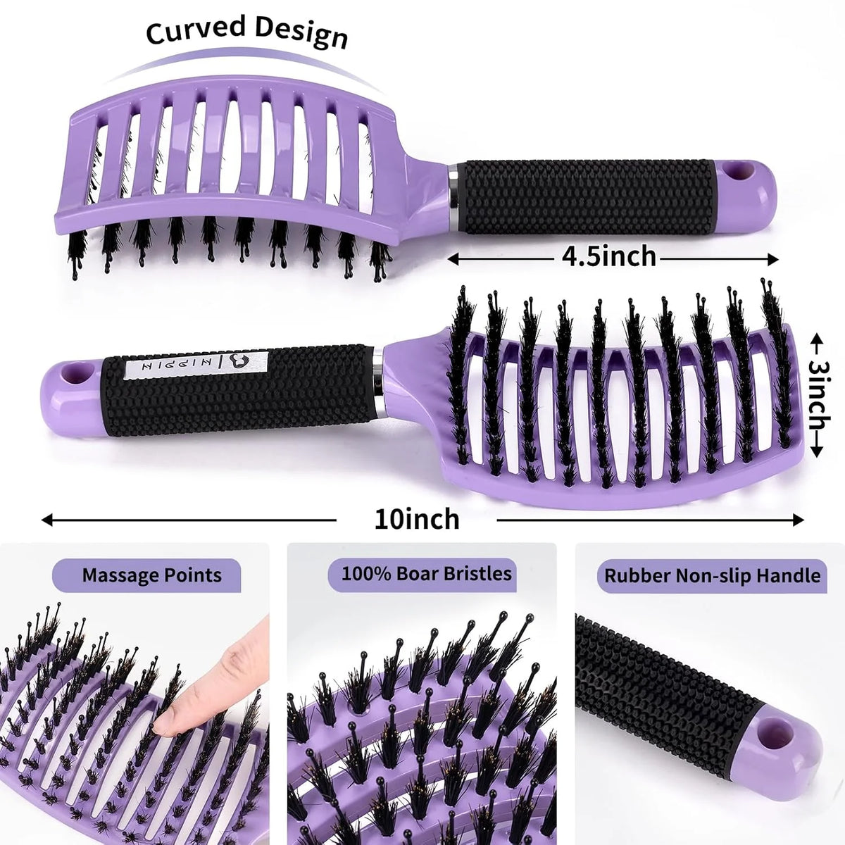 HIPPIH Boar Bristle Hair Brush Set of 2, Detangling Smoothing for Wet & Dry