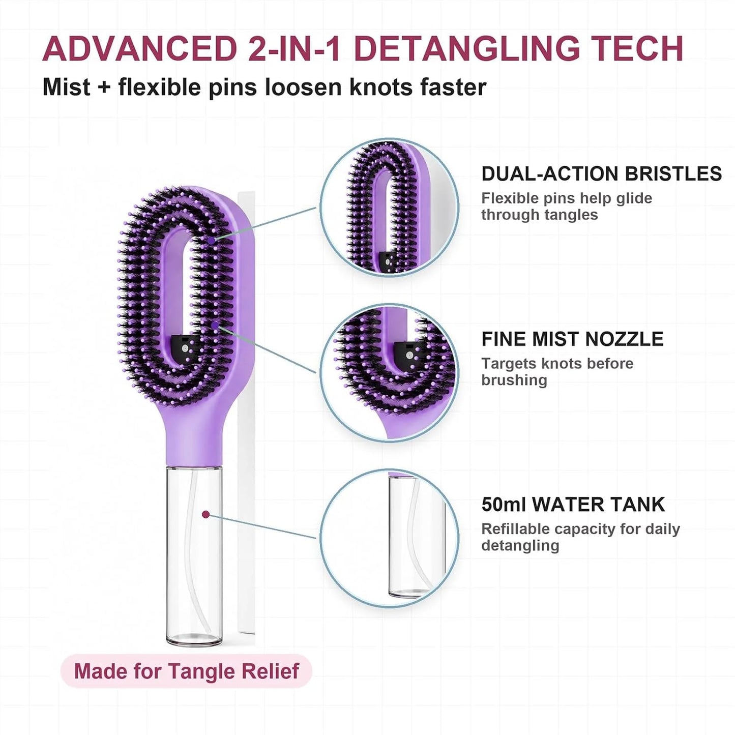 Hair Brush with Water Spray, 2-in-1 Misting Detangler for Curly Hair