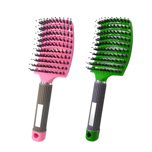 2 PACK Boar Bristle Hair Brush No Pull Curved Vented Hair Brushes Detangler Brush Fast Blow Drying Hair Brush for Kids Men Women Wet Dry Long Thin Thick Curly Tangled Hair (pink+green)