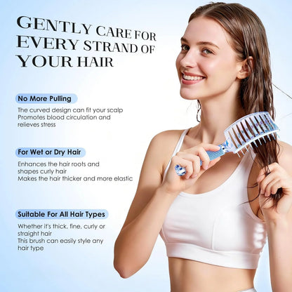 Boar Bristle Hair Brush Curved Vented Detangler Brush Faster Blow Drying, Paddle Detangling Brush for Women Men Kids Wet Dry Long Curly Thick Straight Hair, Make Hair Shiny and Healthier(Purple+Green)