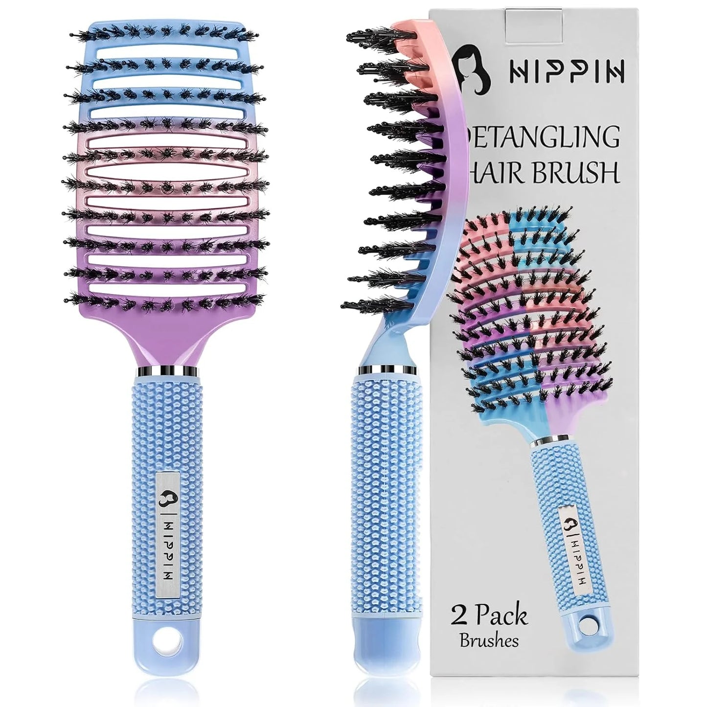 HIPPIH Boar Bristle Hair Brush Set of 2, Detangling Smoothing for Wet & Dry