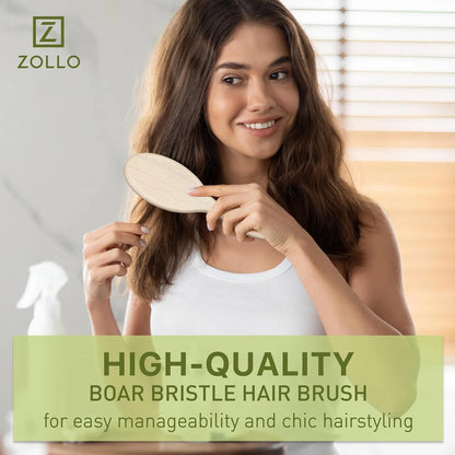 Natural Boar Bristle Hair Brush for Women, Men, Kids; Dry and Wet Detangling Hair Brush Gently Enhances Shine, Smooths Frizz and Prevents Breakage in Fine and Straight, Thick and Curly Hair (oval)
