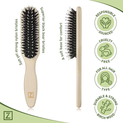 Natural Boar Bristle Hair Brush for Women, Men, Kids; Dry and Wet Detangling Hair Brush Gently Enhances Shine, Smooths Frizz and Prevents Breakage in Fine and Straight, Thick and Curly Hair (oval)