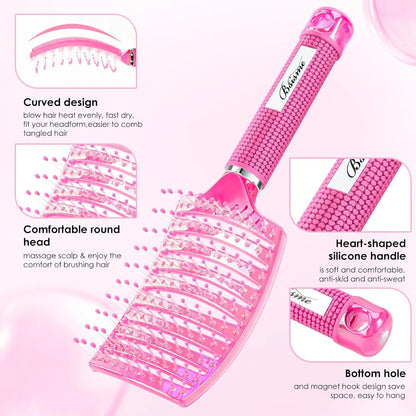 Boar Bristle Hair Brush Curved Vented Detangler Brush Faster Blow Drying, Paddle Detangling Brush for Women Men Kids Wet Dry Long Curly Thick Straight Hair, Make Hair Shiny and Healthier(Purple+Green)