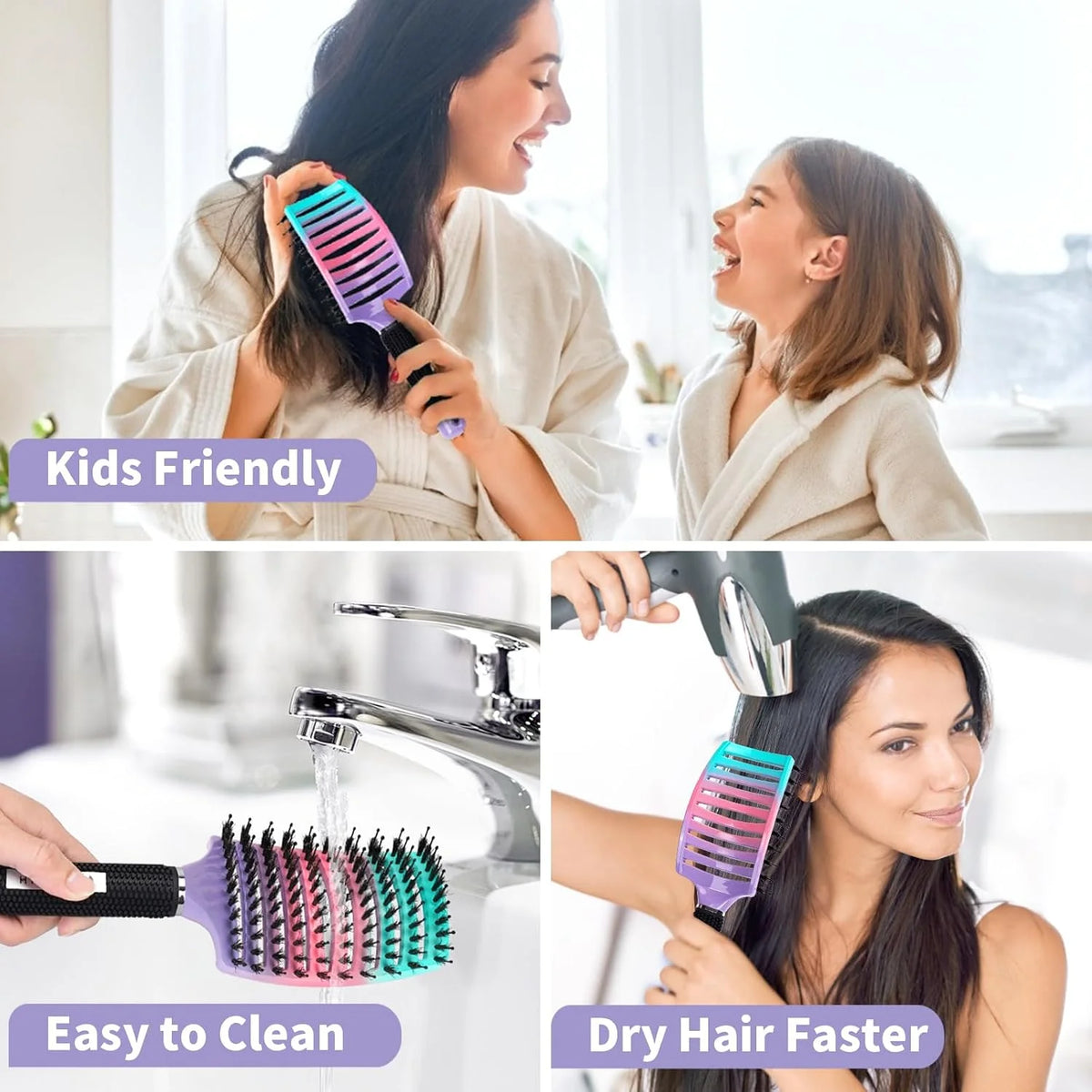 HIPPIH Boar Bristle Hair Brush Set of 2, Detangling Smoothing for Wet & Dry