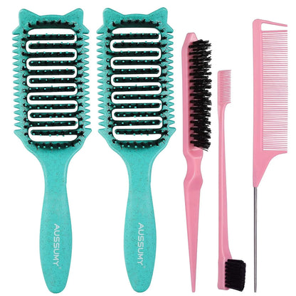 2 Pack Curly Defining & Detangling Brush - With Boar Bristle & 3 Styling Comb Tools – Shine to Shape & Define Natural Curl Waves & Coils - Vented Anti-Frizz Wet or Dry Hair for Women Men Kids