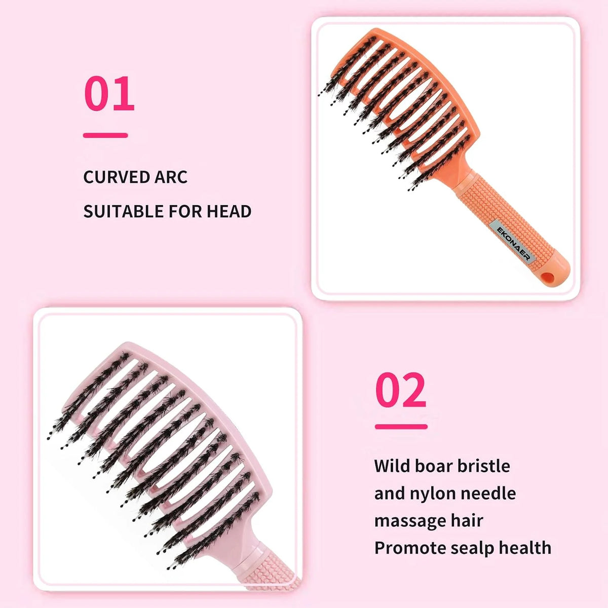 2 Pack Detangling Brush Getting Knots Out without Pain Adds Shine and Makes Hair Smooth,Detangler Boar Bristle Hair Brush for Adult & Kids Wet or Dry Hair(Green&Pink)