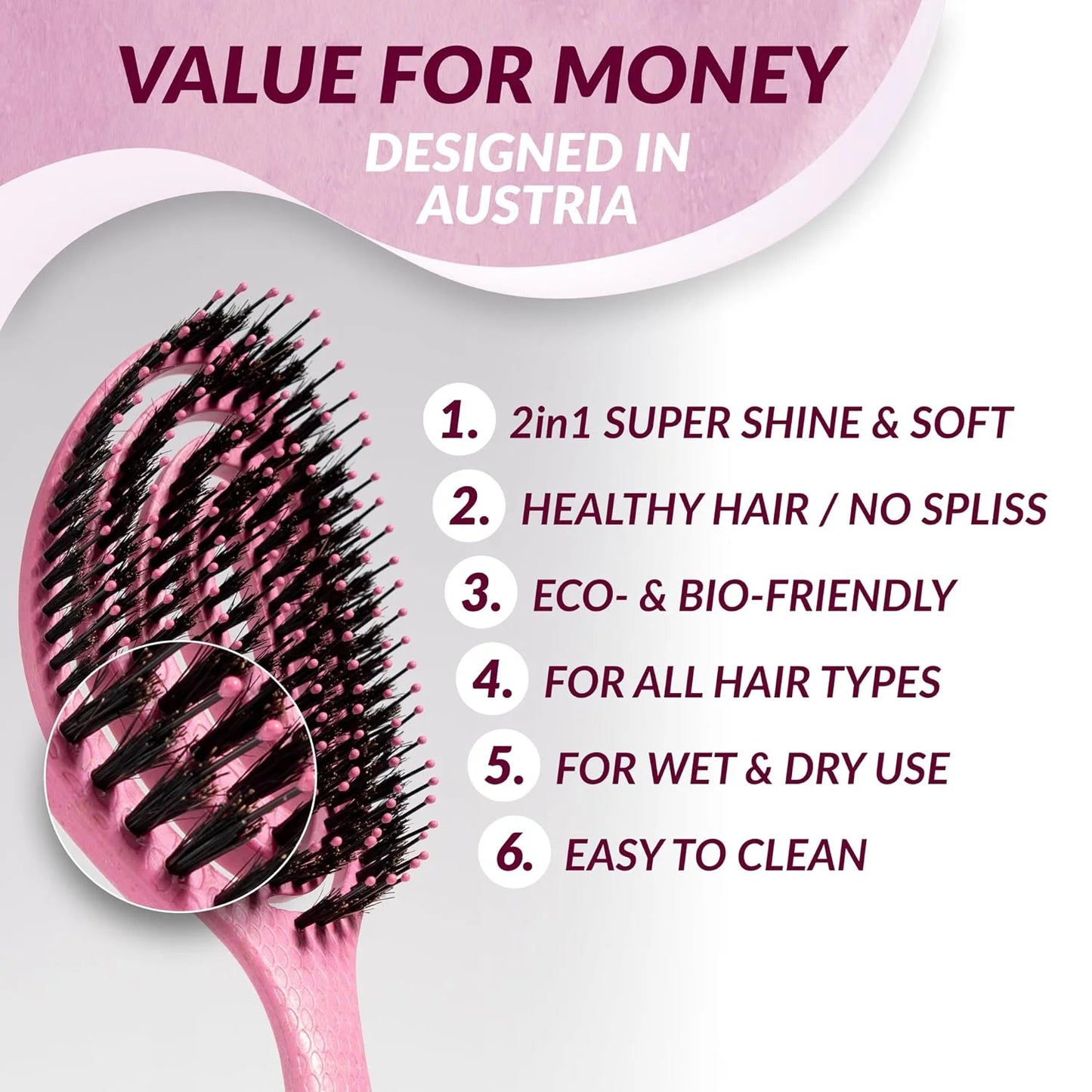 marQus Detangle Boar Brush Women and Men, Exclusive Ultra-soft bending Bristles and Body - Glide Through Tangles With Ease For All Hair Types - Women, Men, Wet And Dry Hair, 1pcs Brown Brush