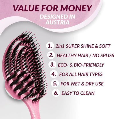 marQus Detangle Boar Brush Women and Men, Exclusive Ultra-soft bending Bristles and Body - Glide Through Tangles With Ease For All Hair Types - Women, Men, Wet And Dry Hair, 1pcs Brown Brush