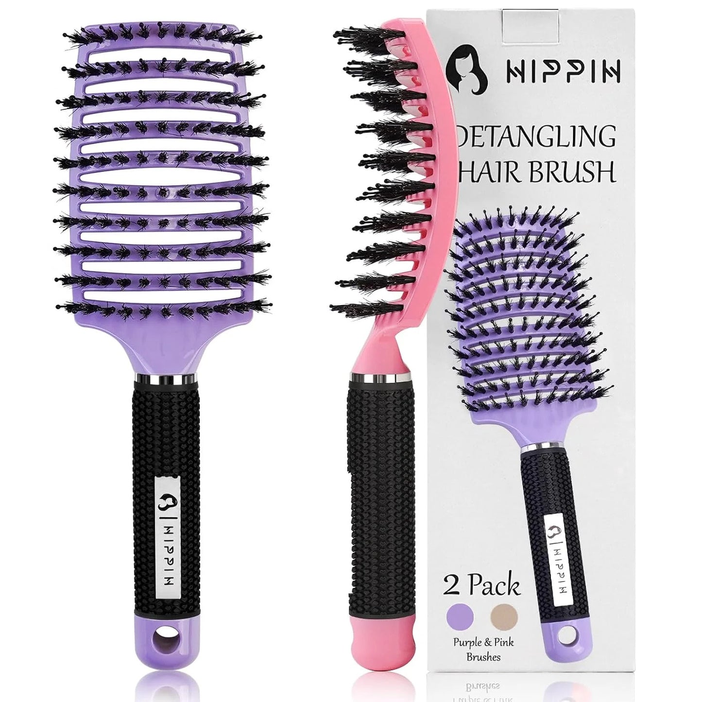 HIPPIH Boar Bristle Hair Brush Set of 2, Detangling Smoothing for Wet & Dry